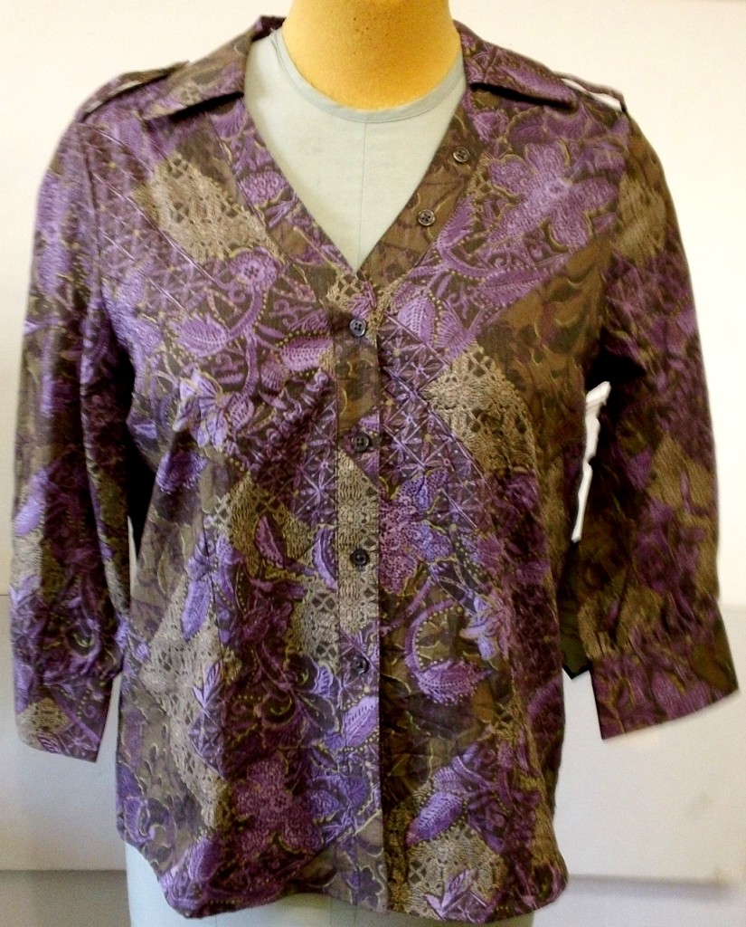 Velcro Adapted Blouse Coconut Shell Purples and Browns 3/4 Sleeve